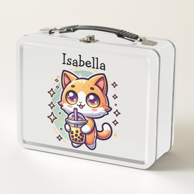 Cute Kawaii Kitten with Bubble Tea Personalised Metal Lunch Box (Front)
