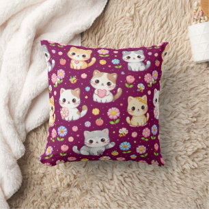 Cute Kawaii Kittens and Pastel Flowers Cushion