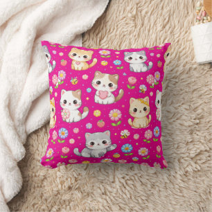 Cute Kawaii Kittens and Pastel Flowers Cushion