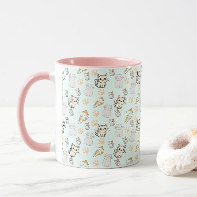 Cute Kawaii Kittens & Paws Pattern Coffee Mug  (With Donut)