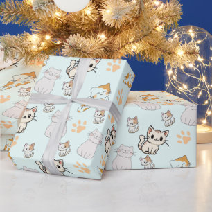 Cute Kawaii Kittens & Paws Pattern Wrapping paper