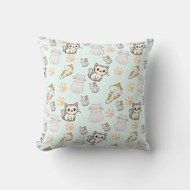 Cute Kawaii Kittens & Paws Throw Pillow (Front)