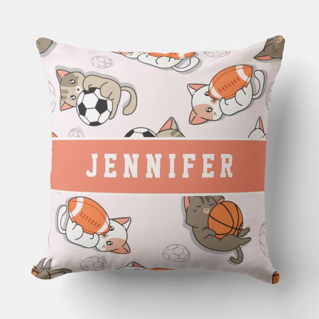 Cute Kawaii Kittens & Sports Balls Girls Name Kids Cushion (Front)