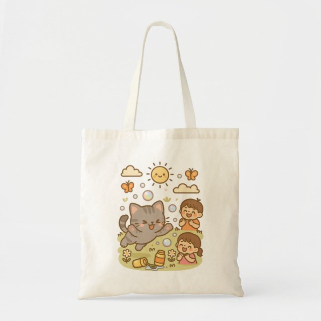 Cute Kawaii Kitty Cat Playing with Soap Bubbles Tote Bag (Front)