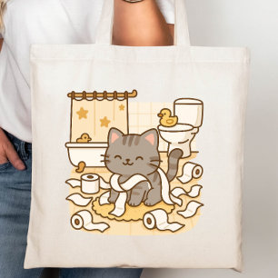 Cute Kawaii Kitty Cat Playing with Toilet Rolls Tote Bag