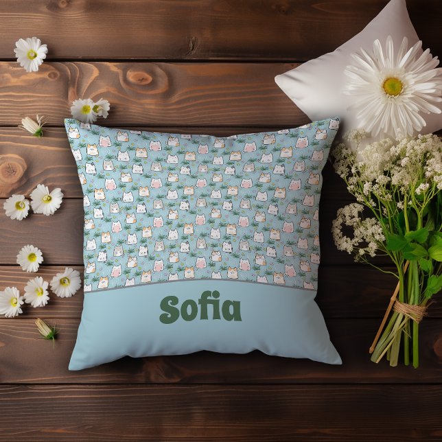 Cute kawaii kitty pattern azure blue name cushion (Creator Uploaded)