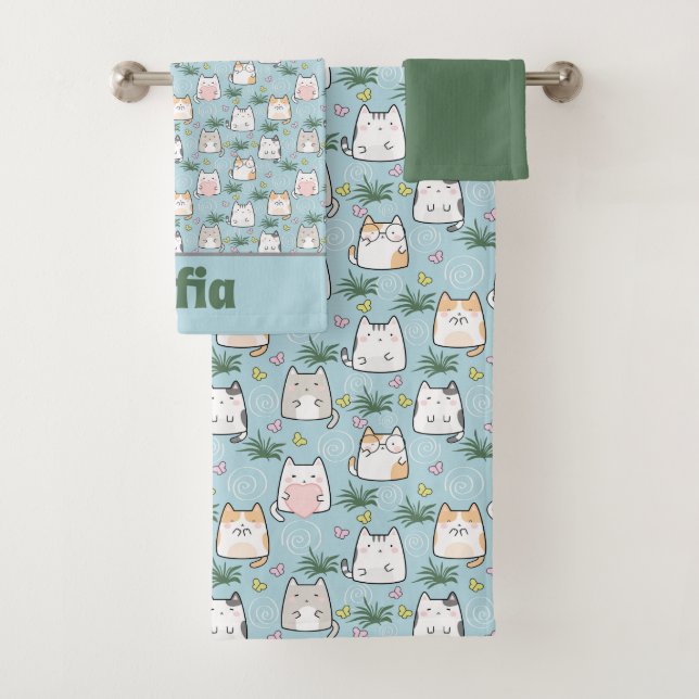 Cute kawaii kitty pattern green blue name bath towel set (Insitu)