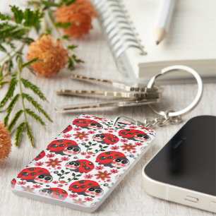 Cute Kawaii Ladybug Floral Seamless Pattern   Hand Key Ring