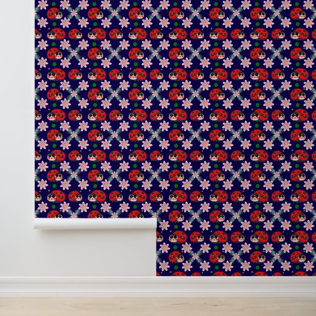 Cute Kawaii Ladybug Floral Seamless Pattern Wallpaper (Application)