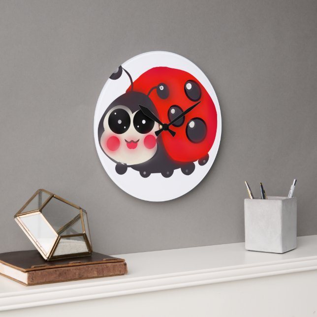 Cute Kawaii Ladybug | Hand Drawn Happy Ladybird  Large Clock (Office)