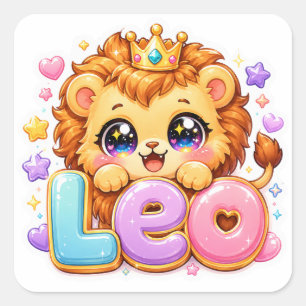 Cute Kawaii Leo Lion Name Pastel Pink Crown Sparkl Square Sticker