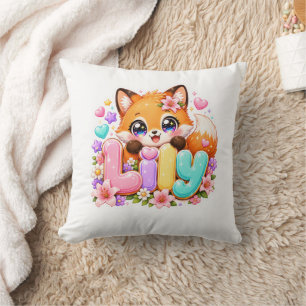 Cute Kawaii Lily Fox Name Pastel Pink Floral Woodl Cushion
