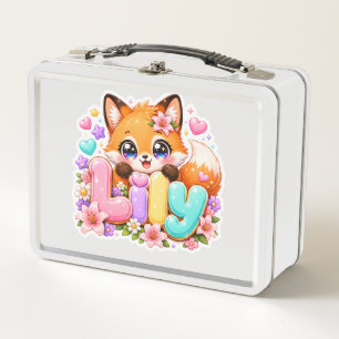 Cute Kawaii Lily Fox Name Pastel Pink Floral Woodl Metal Lunch Box