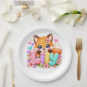 Cute Kawaii Lily Fox Name Pastel Pink Floral Woodl Paper Plate