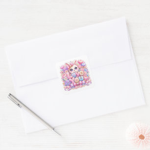 Cute Kawaii Love You Bunny Rabbit Pastel Pink Flor Square Sticker