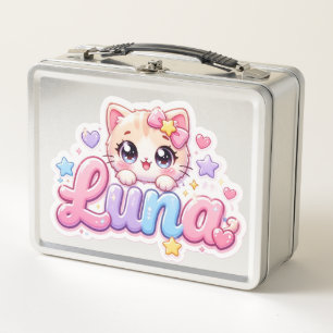 Cute Kawaii Luna Cat Name Pastel Pink Sparkling Ki Metal Lunch Box