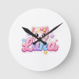Cute Kawaii Luna Cat Name Pastel Pink Sparkling Ki Round Clock