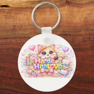 Cute Kawaii Made With Love Cat Name Pastel Pink Fl Key Ring