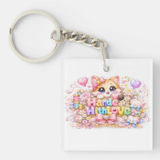 Cute Kawaii Made With Love Cat Name Pastel Pink Fl Key Ring