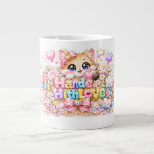 Cute Kawaii Made With Love Cat Name Pastel Pink Fl Large Coffee Mug