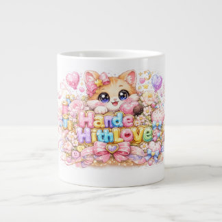 Cute Kawaii Made With Love Cat Name Pastel Pink Fl Large Coffee Mug