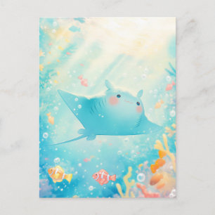 Cute Kawaii Manta Ray Sunlit Ocean Postcard