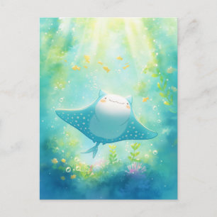 Cute Kawaii Manta Ray Sunlit Reef Postcard