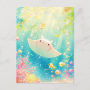 Cute Kawaii Manta Ray Sunlit Reef Postcard