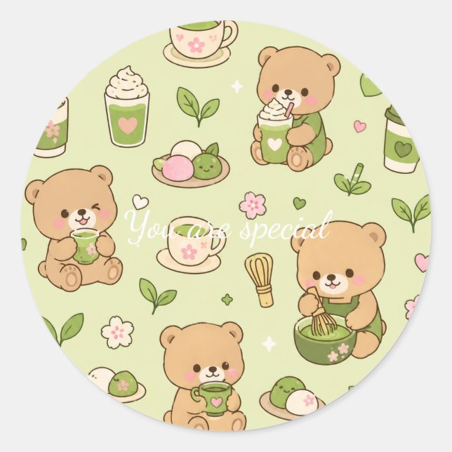 Cute Kawaii Matcha Teddy Bear Pattern | Green Tea  Classic Round Sticker (Front)