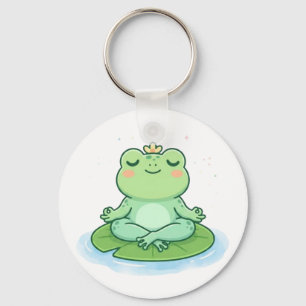 Cute Kawaii Meditating Frog Yoga Lotus Pose AI Art Key Ring