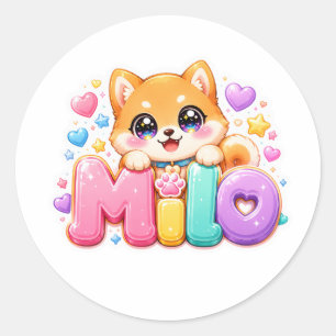 Cute Kawaii Milo Dog Name Pastel Pink Sparkling Pu Classic Round Sticker