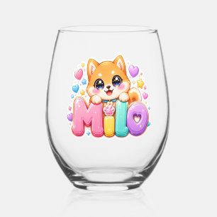 Cute Kawaii Milo Dog Name Pastel Pink Sparkling Pu Stemless Wine Glass