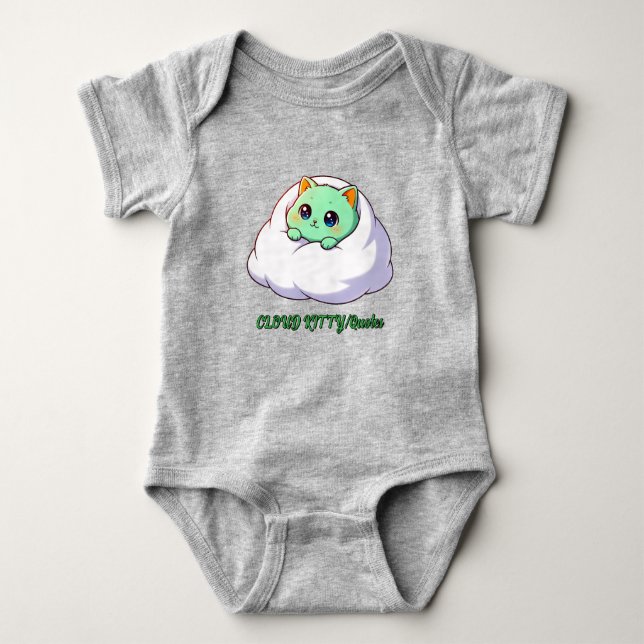 Cute Kawaii Mint Kitten in Cloud Baby Bodysuit (Front)