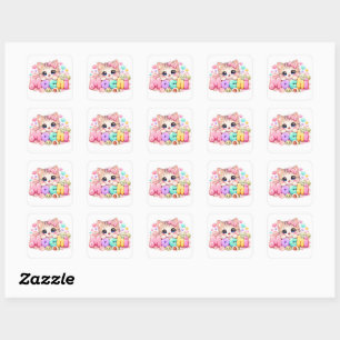 Cute Kawaii Mochi Cat Name Pastel Pink Sparkling K Square Sticker