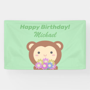 Cute Kawaii Monkey and Flowers Happy Birthday Banner