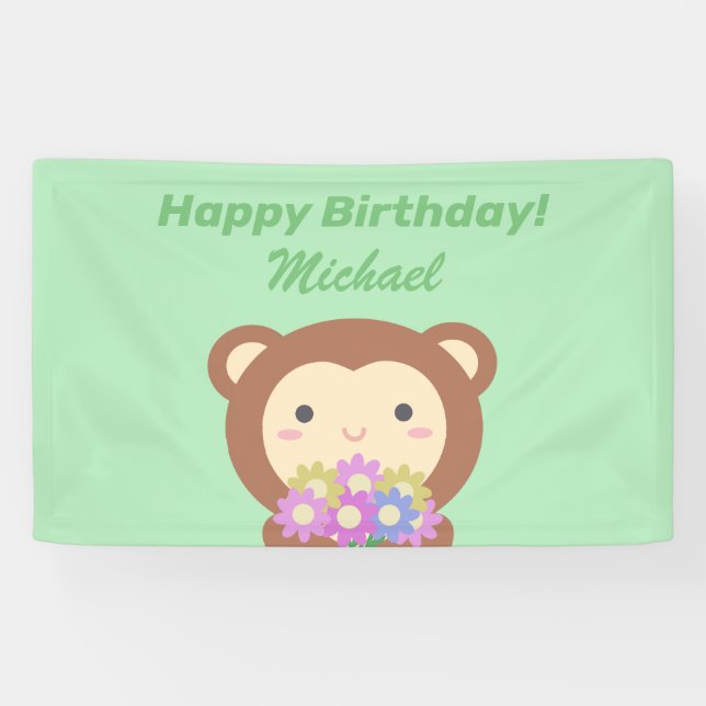 Cute Kawaii Monkey and Flowers Happy Birthday Banner (Horizontal)
