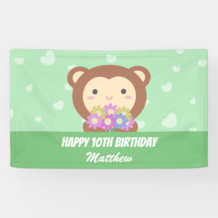 Cute Kawaii Monkey and Flowers Happy Birthday Banner