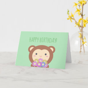 Cute Kawaii Monkey and Flowers Happy Birthday Card