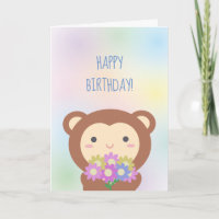 Cute Kawaii Monkey and Flowers Happy Birthday