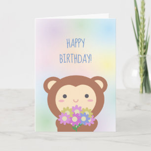 Cute Kawaii Monkey and Flowers Happy Birthday Card