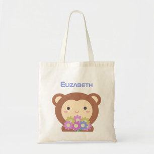 Cute Kawaii Monkey and Flowers Purple Pink Name Tote Bag