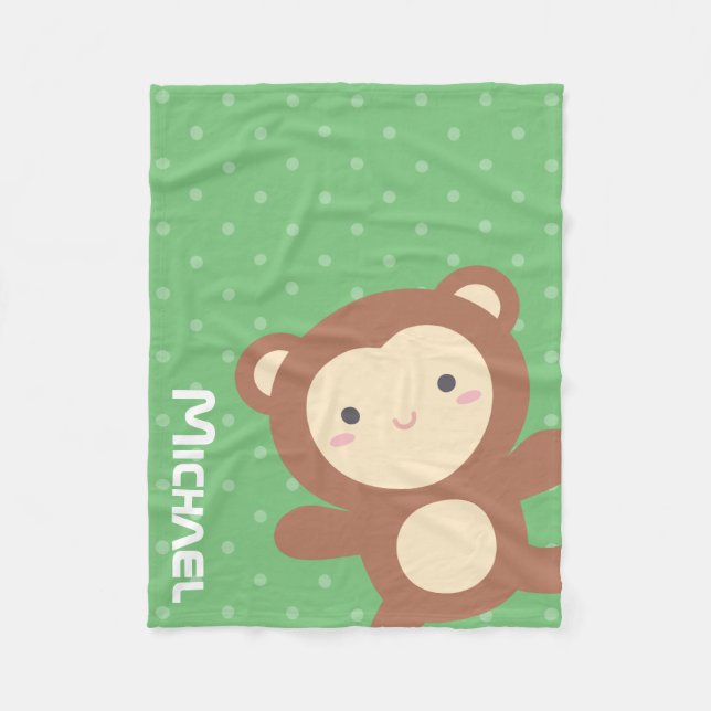 Cute Kawaii Monkey Green Polka Dots Fleece Blanket (Front)