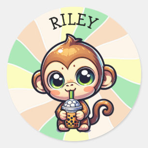Cute Kawaii Monkey with Bubble Tea Personalised Classic Round Sticker