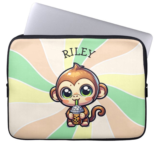 Cute Kawaii Monkey with Bubble Tea Personalised Laptop Sleeve (Front)