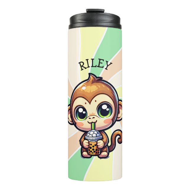 Cute Kawaii Monkey with Bubble Tea Personalised Thermal Tumbler (Front)