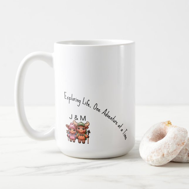 Cute Kawaii Moose Couple Adventure Hiking  Coffee Mug (With Donut)