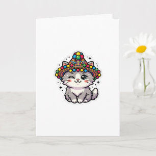 Cute Kawaii Moroccan Amazigh Cat Woven Hat Pom-Pom Card