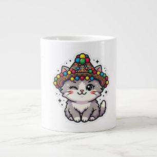 Cute Kawaii Moroccan Amazigh Cat Woven Hat Pom-Pom Large Coffee Mug