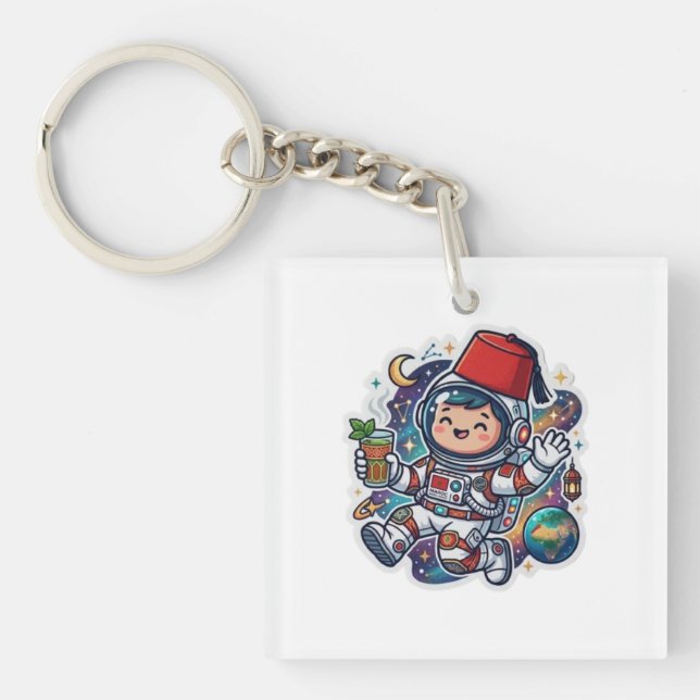 Cute Kawaii Moroccan Astronaut Mint Tea FezSticker Key Ring (Front)