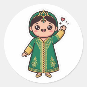 Cute Kawaii Moroccan Caftan Traditional Green Dres Classic Round Sticker